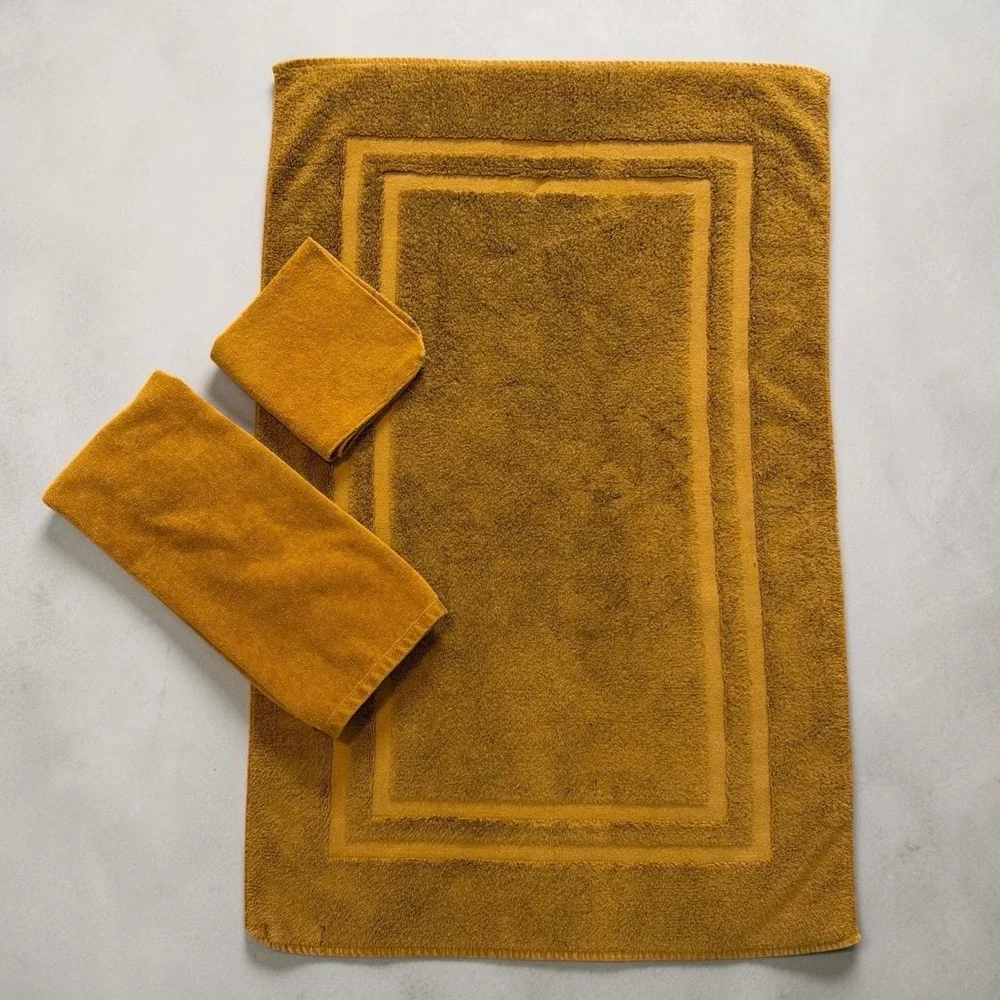 Vtg 70s Fieldcrest Hand Towel 3-pc bathmat set 100% Cotton Gold Coordinates YSL
